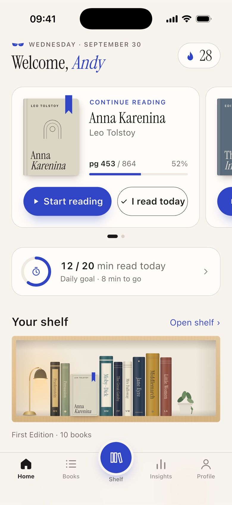 Readista home screen with the current book, a daily goal ring and a preview of the shelf