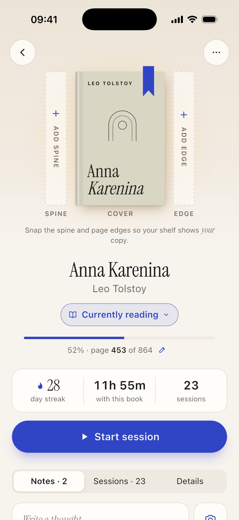 The page for Anna Karenina with its cover, reading progress and a Start session button