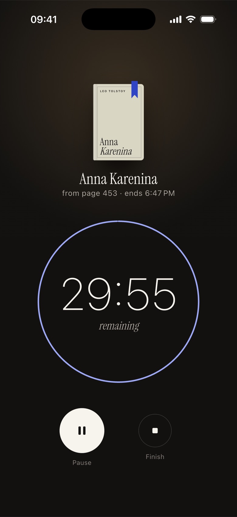 A reading session timer counting down with the book cover above it
