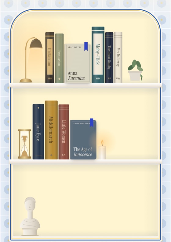An arched blue bookcase on tiled walls