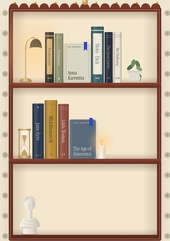 A scalloped wooden bookcase on polka-dot wallpaper