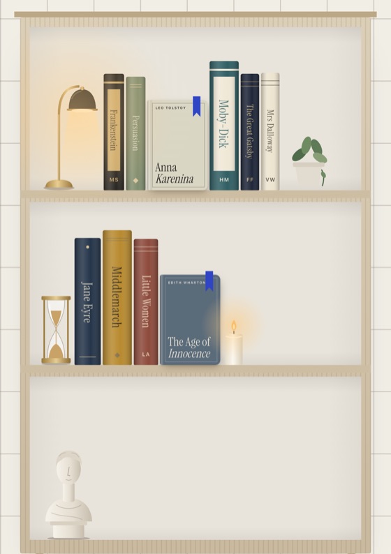 A pale wood bookcase against a shoji grid wall