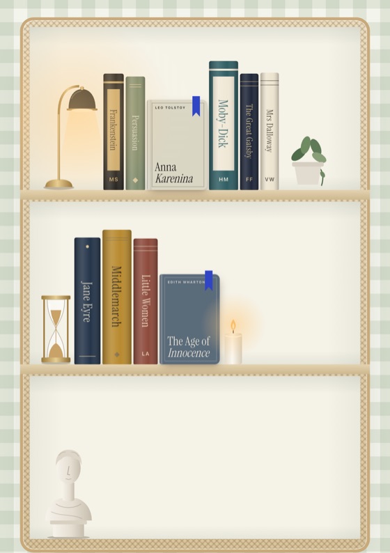 A green gingham wall and a rattan bookcase
