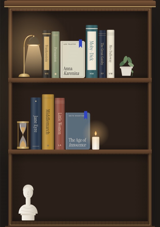 A dark wooden bookcase lit by a lamp