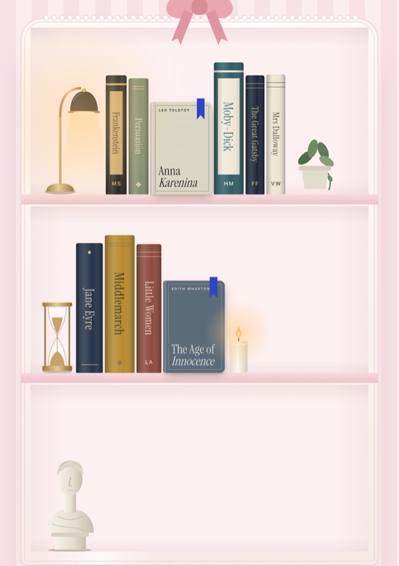 A pink striped room with a bow on the shelf